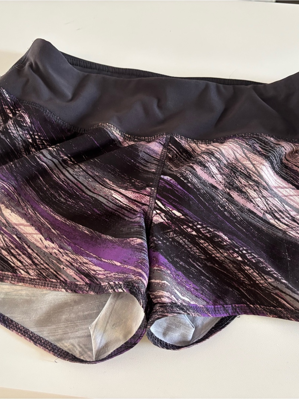 Ideology Black Purple Abstract Brushstroke Running Shorts Back Zipper Pocket XS